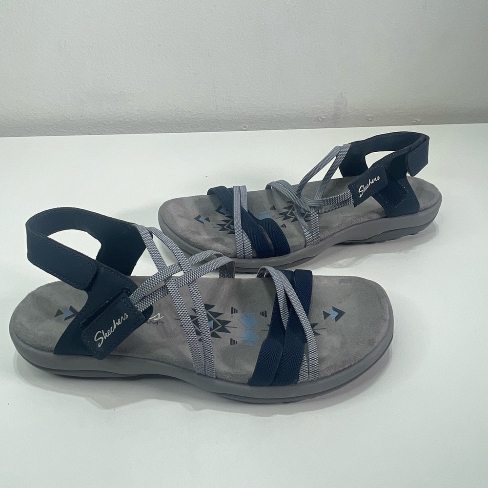 Skechers Memory Foam Women 7 Blue Strappy Elastic Sandals Flats Boho Outdoor